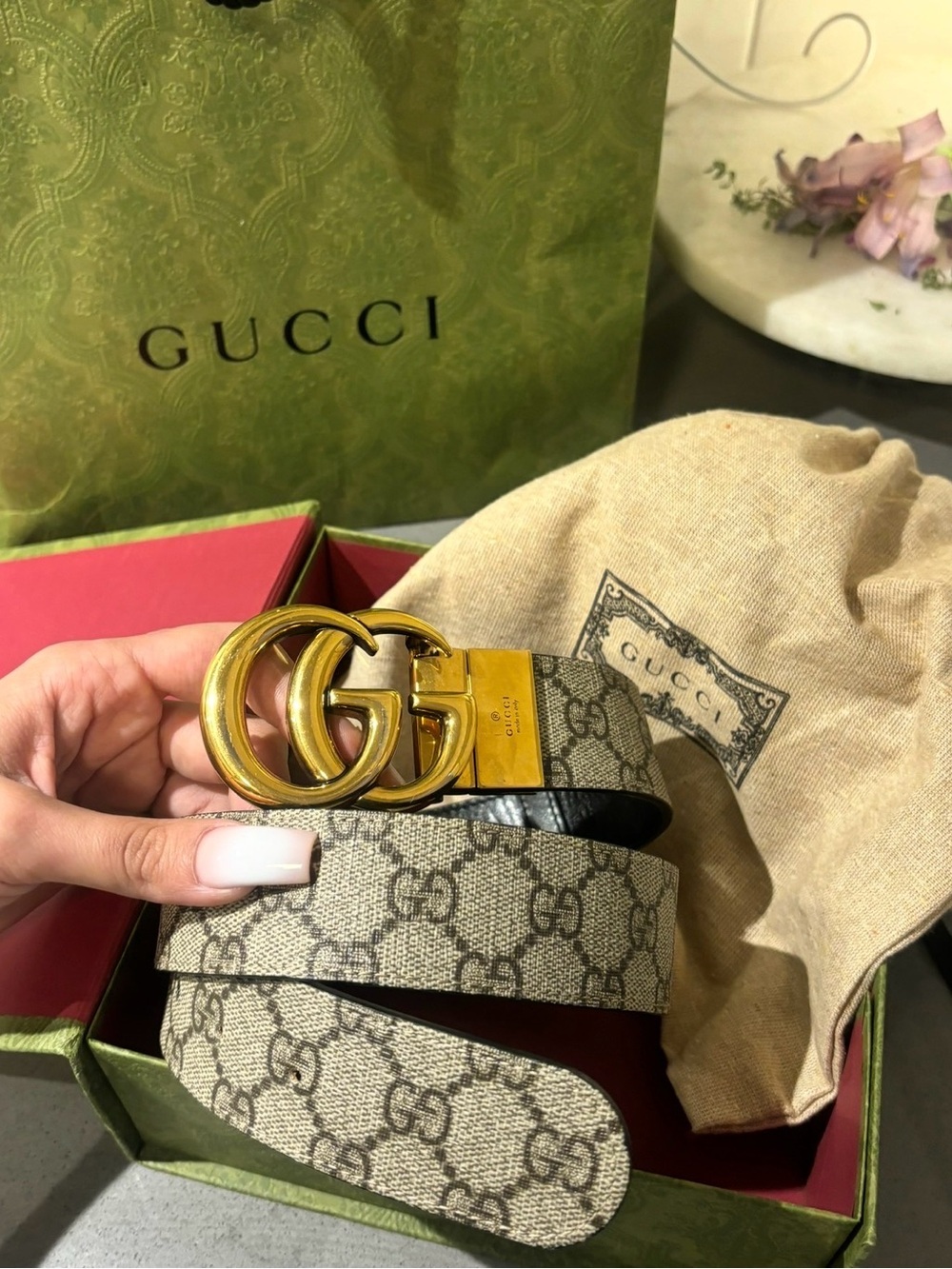 GUCCI Reversible Monogram GG Canvas Belt with Gold Double G Buckle